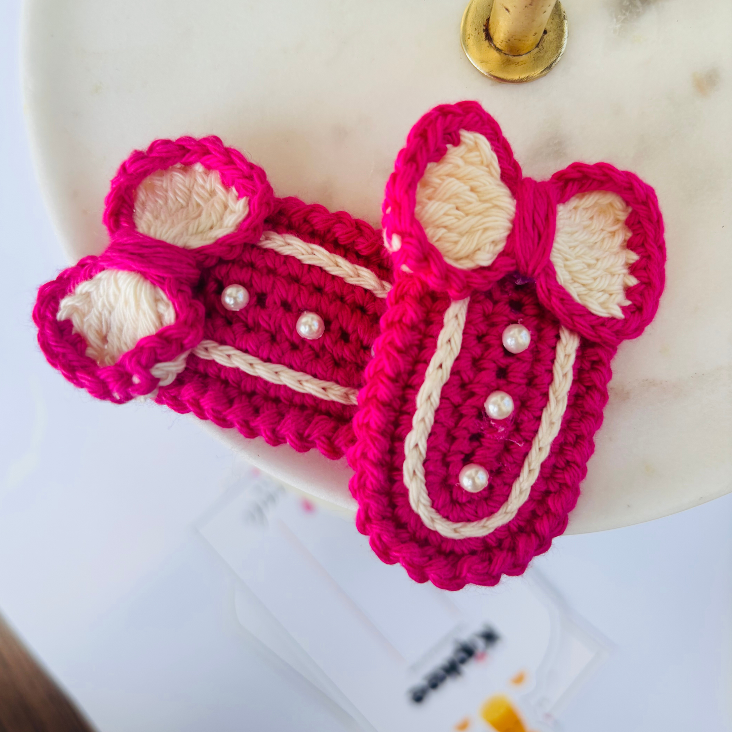 Crochet Hair Pins [Bow, Pink & White, Handmade with love, Set of 2]