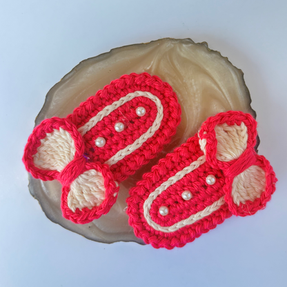 Crochet Hair Pins [Bow, Pink & White, Handmade with love, Set of 2]