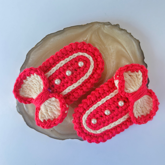 Crochet Hair Pins [Bow, Pink & White, Handmade with love, Set of 2]