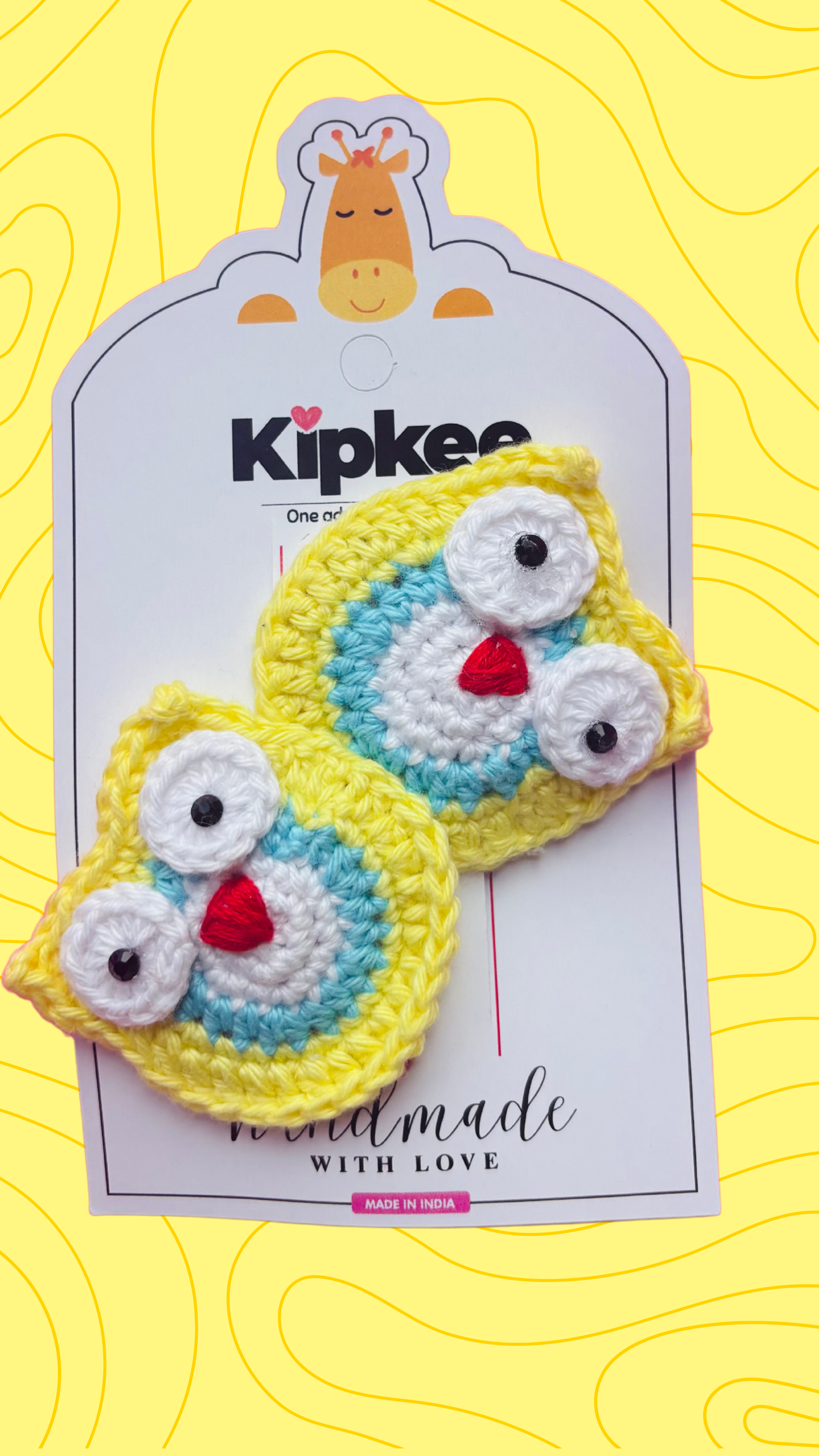 Crochet Hair Pins [Owl, Yellow & blue, Handmade with love, Set of 2]