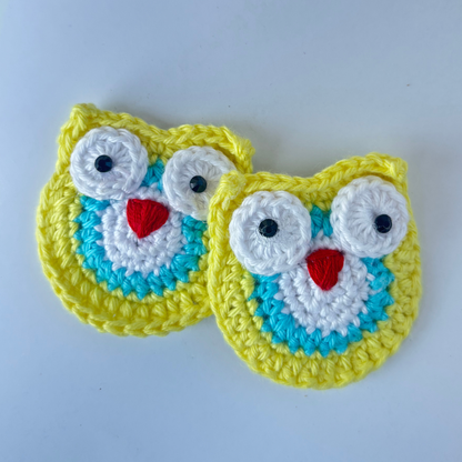 Crochet Hair Pins [Owl, Yellow & blue, Handmade with love, Set of 2]