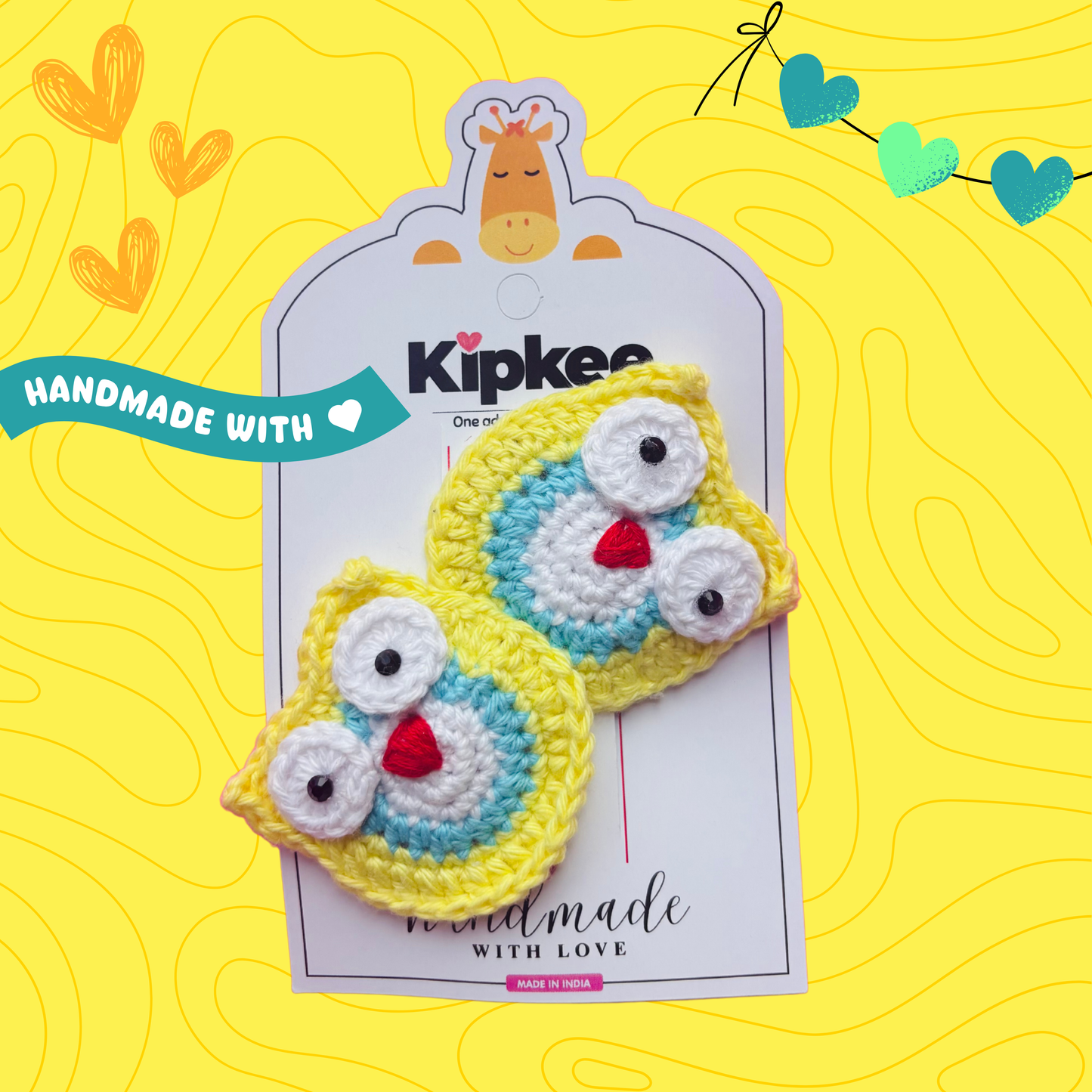 Crochet Hair Pins [Owl, Yellow & blue, Handmade with love, Set of 2]