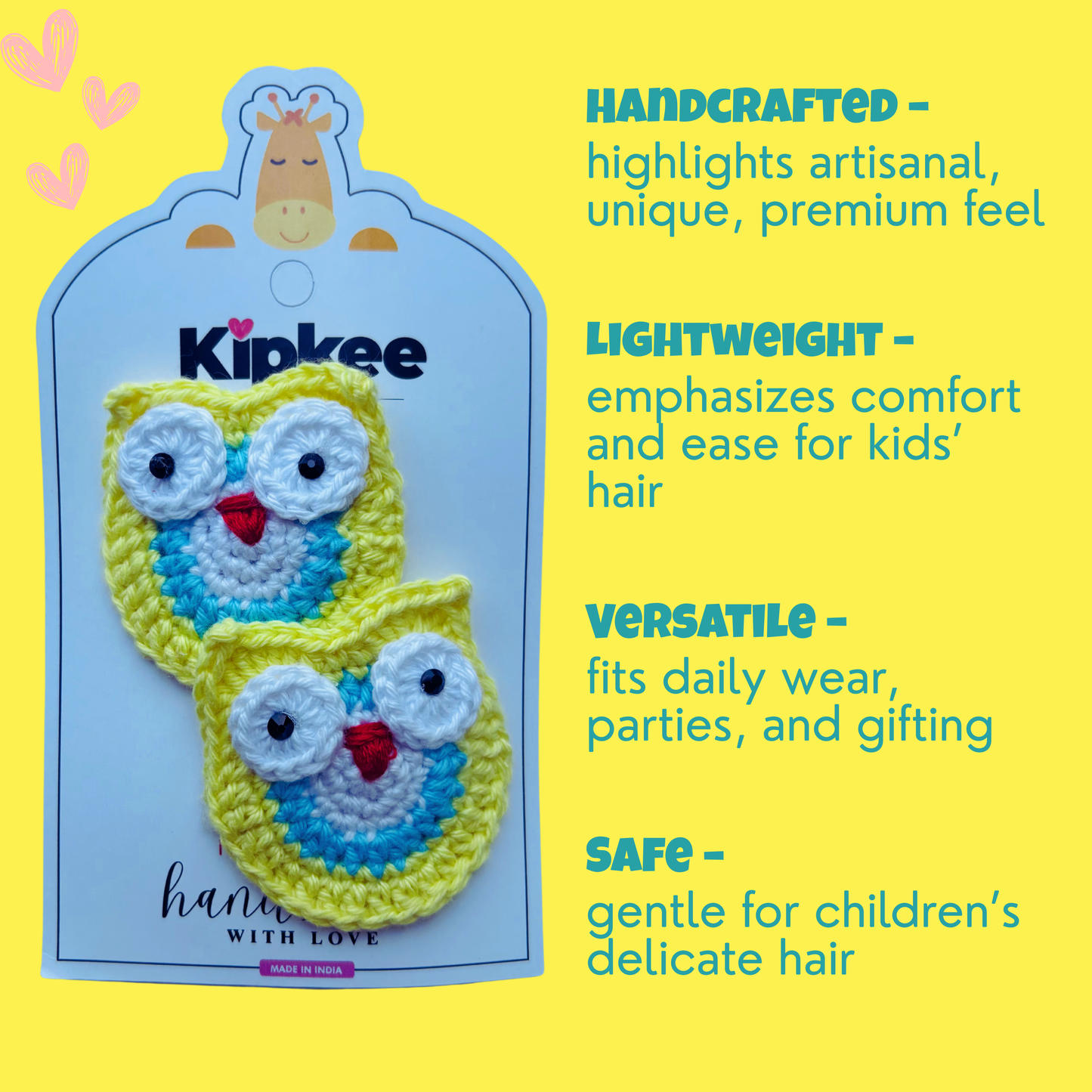 Crochet Hair Pins [Owl, Yellow & blue, Handmade with love, Set of 2]