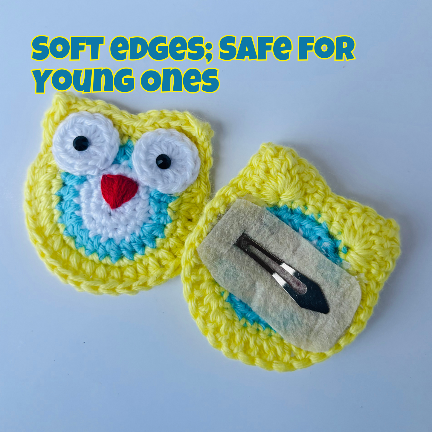 Crochet Hair Pins [Owl, Yellow & blue, Handmade with love, Set of 2]