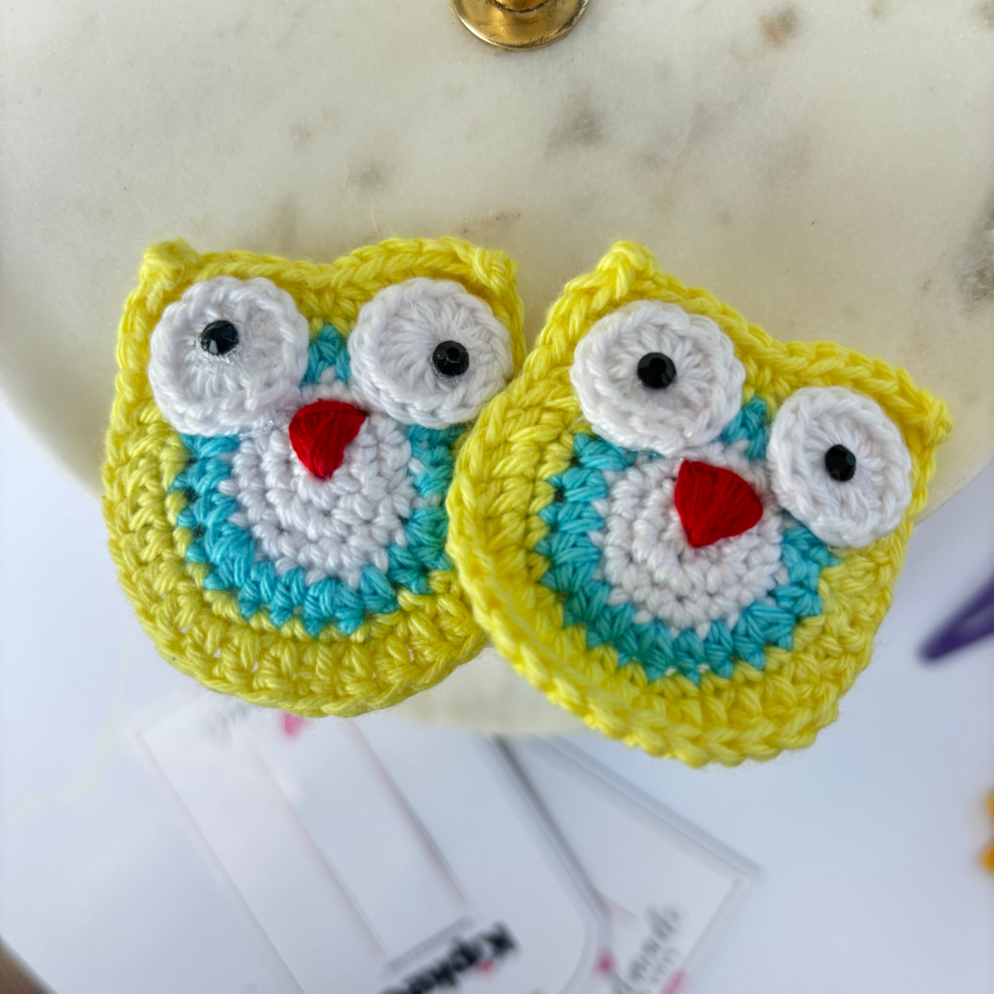 Crochet Hair Pins [Owl, Yellow & blue, Handmade with love, Set of 2]