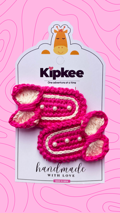 Crochet Hair Pins [Bow, Pink & White, Handmade with love, Set of 2]