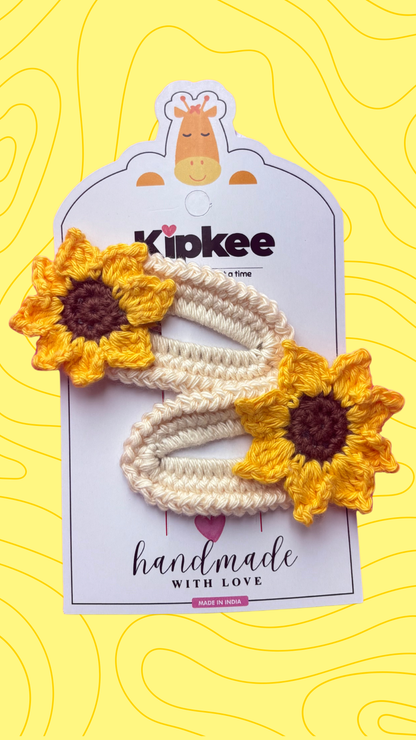 Crochet Hair Pins [Sunflower, Yellow & Brown, Handmade with love, Set of 2]